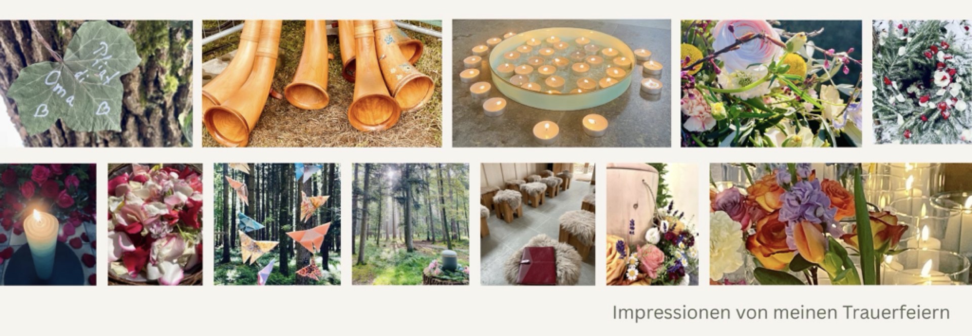 Impressionen von Trauerfeiern: Kerzen, Waldfriedhof, Urnen, Blumen, Rituale, Musik